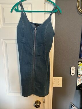 iris Denim Zip-Front Mini Dress in Blue with Silver Ring Pull